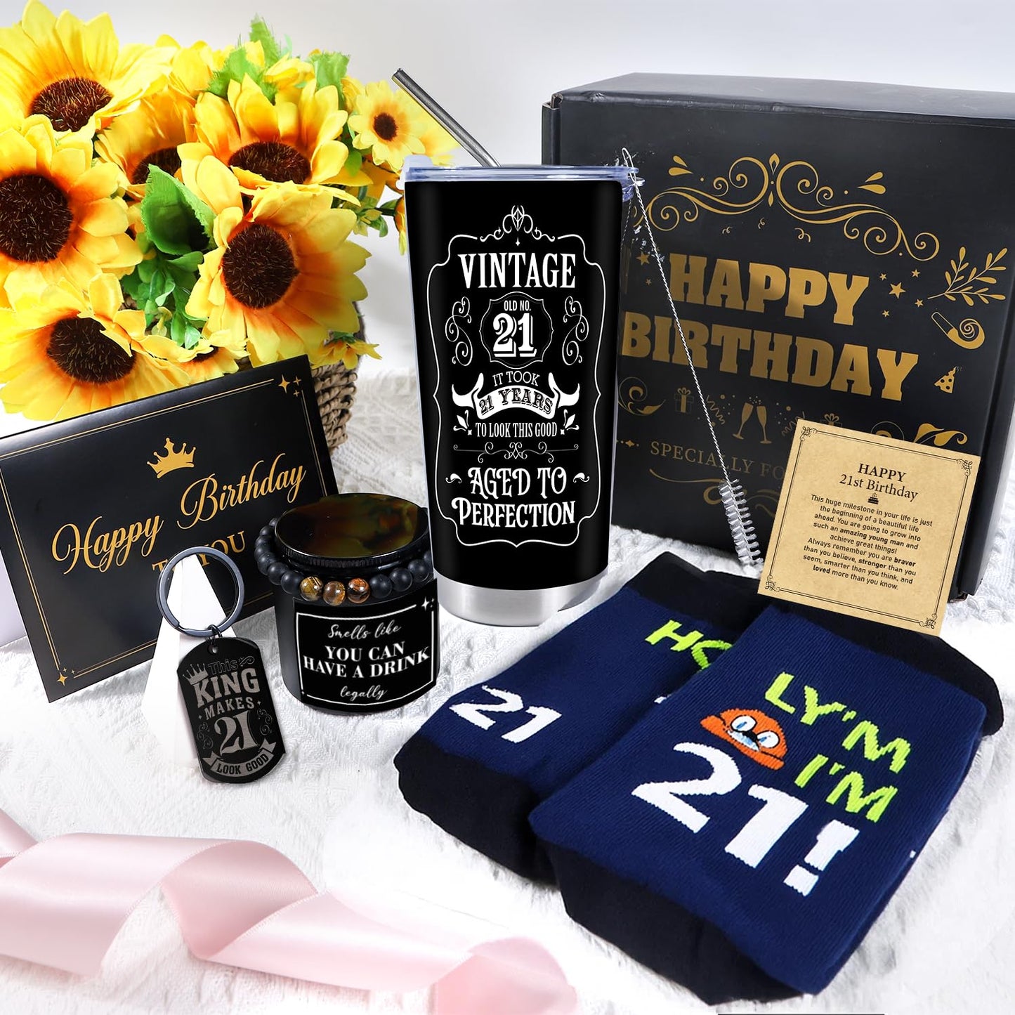 Keluna 21st Birthday Gifts for Him - 6Pcs 21 Year Old Male Birthday Gifts Ideas, 20oz Tumbler, Funny Socks, Keychain, Bracelets, Candles, 21st Presents for Son Grandson Nephew Brother from Mom Dad