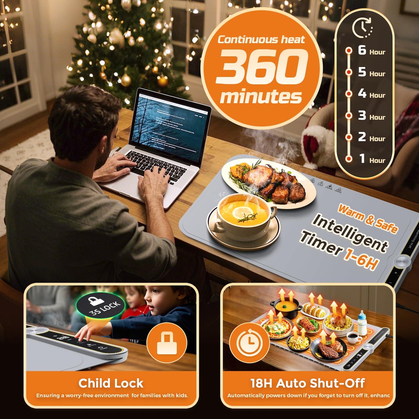 Warming Mat for Food - Extra Large 32"x15" Electric Warming Tray Warm 8 Dishes, 9-Temperature Adjustable, 1-6H Timer, Child Lock, 8s Fast Heating, Foldable Food-Grade Silicone Design