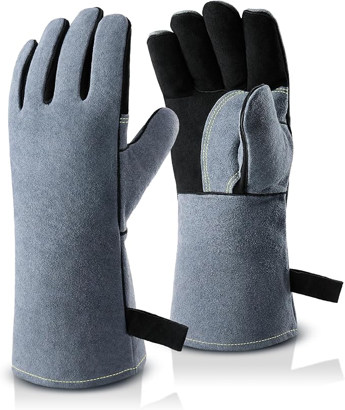 OZERO 932°F Heat Resistant Mig/Stick Welding Gloves 14 inches Cowhide Leather - Long Sleeve and Insulated Lining Barbecue Glove for Tig Welder/Grilling/Oven/Stove Black-gray