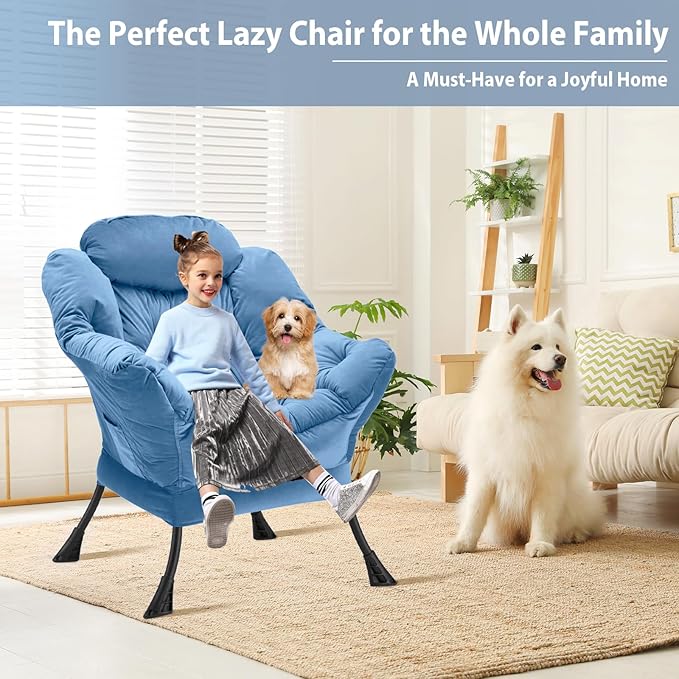 Youtanic Lazy Chair Thick Padded, Comfy Velvet Accent Lounge Chair with Stable Frame, Leisure Sofa Armchair with Armrests and Side Pocket, Reading Chair for Bedroom, Living Room, Office, Light Blue