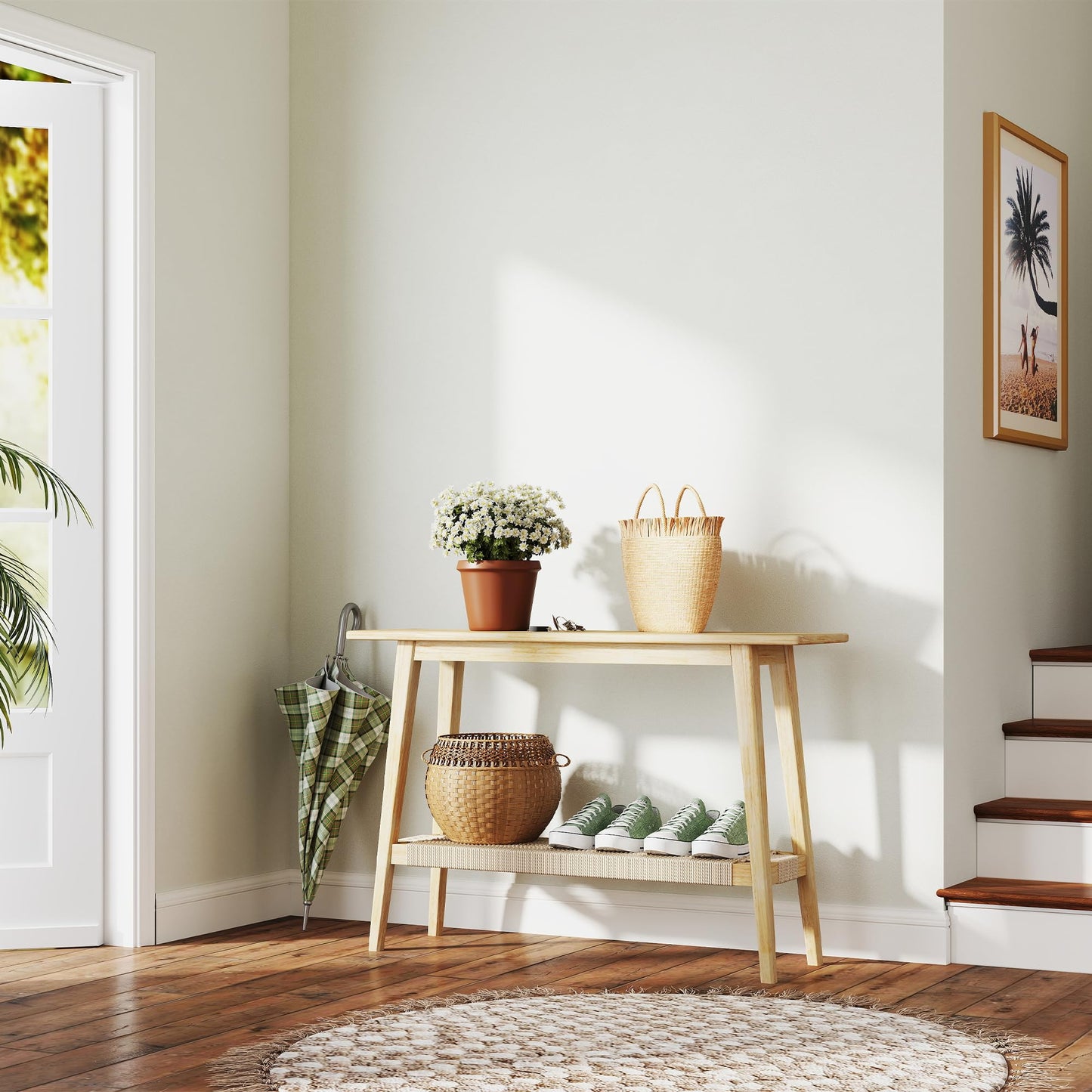 LZAREAL Farmhouse Rattan Entryway Table with Storage Boho Narrow Console Table Wood Long Sofa Table Behind Couch Table for Entryway Hallway Foyer Living Room, Natural Color