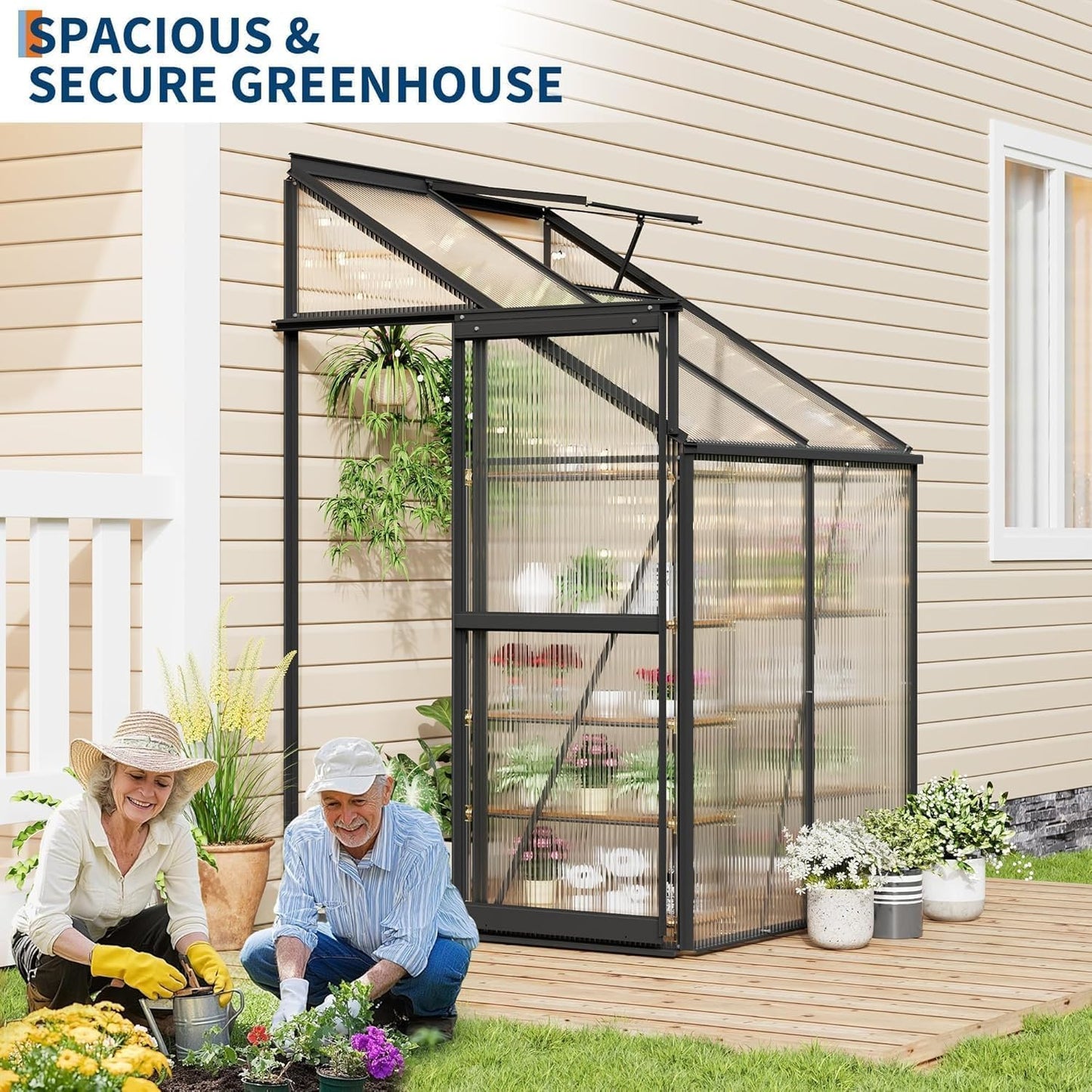 MilleLoom 4x4 Ft Greenhouse, Lean-to Polycarbonate Greenhouse with Quick Setup Structure, Roof Vent&Sliding Door, Aluminum Walk-in Green House for Outside Garden Backyard, Patio, Lawn, Silver