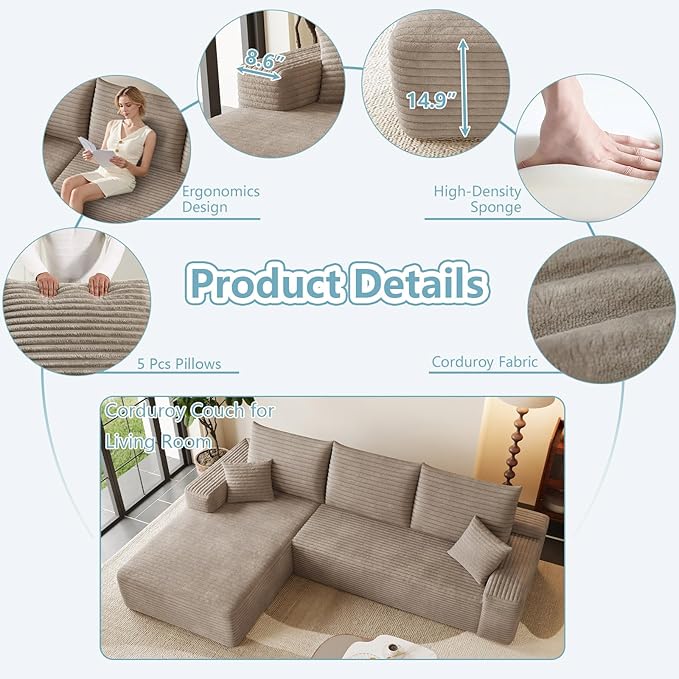 95" Cloud Sectional Couch with L-Shape Chaise, Modern Corduroy Boneless Couch for Living Room,Memory Foam Sofa with Deep Seat,No Assembly Required (Camel,Left-Facing Chaise)