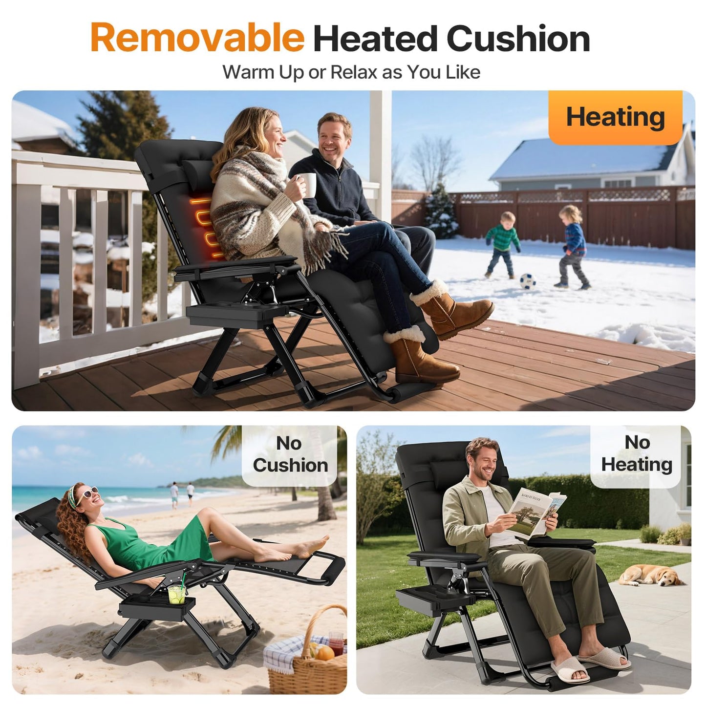 Suteck Heated Zero Gravity Chair, 29" XL Oversized Reclining Lounge Chair with 3 Heat Levels for Back & Seat, Armrest Pads, Cushion & Headrest, Upgraded Lock & Footrest, 500LBS(Battery Not Included)