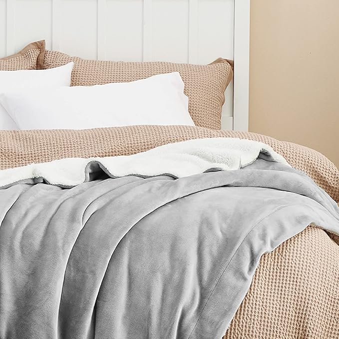 Bedsure GentleSoft Sherpa Fleece Blankets Queen Size for Bed - Thick and Warm Throw for Women and Men, Soft Fuzzy Plush Queen Blanket for Winter, Non-Heated, Light Grey, 90x90 Inches