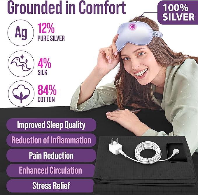 Earth Grounding Sheets King Size with 12% Silver Fiber & 4% Silk & 84% Organic Cotton - Black - Grounded Well Bed Sheet - Conductive Fitted Sheet for Better Sleep