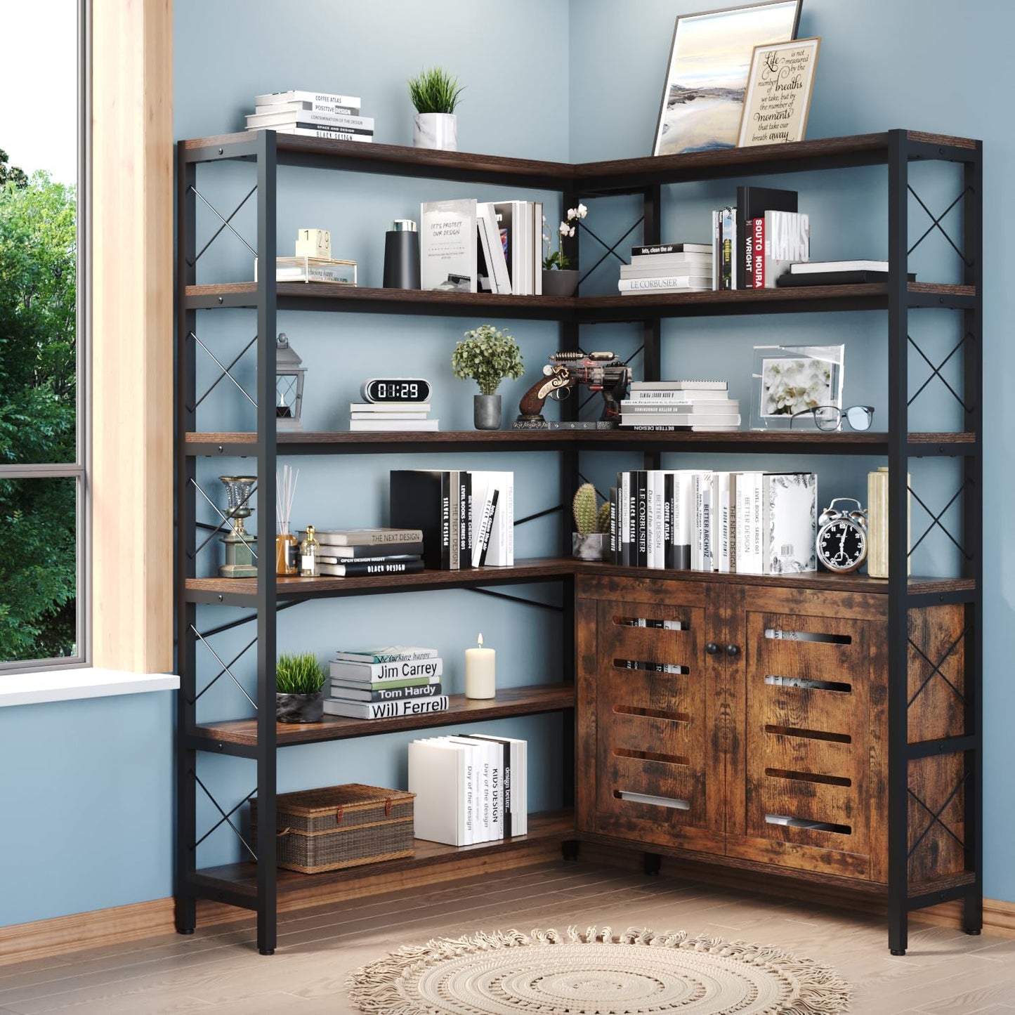 GLAUBIO Large 6 Tier Industrial Corner Bookshelf with Storage Cabinet,L Shaped Bookcase with Doors, Tall Corner Plant Stand, Tall Bookshelf for Living Room, Home Office（Brown Wood）