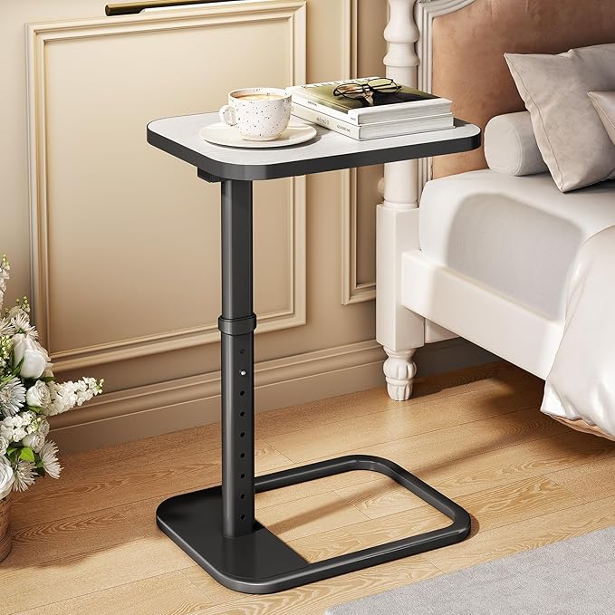 Kitstorack TV Tray Table, Adjustable Height & Rounded Metal Corners, Snack Table for Couch, Sofa, Bed, Chair, Living Room, C Shaped End Side Table for Eating, Dinner or Laptop, Small Spaces, White