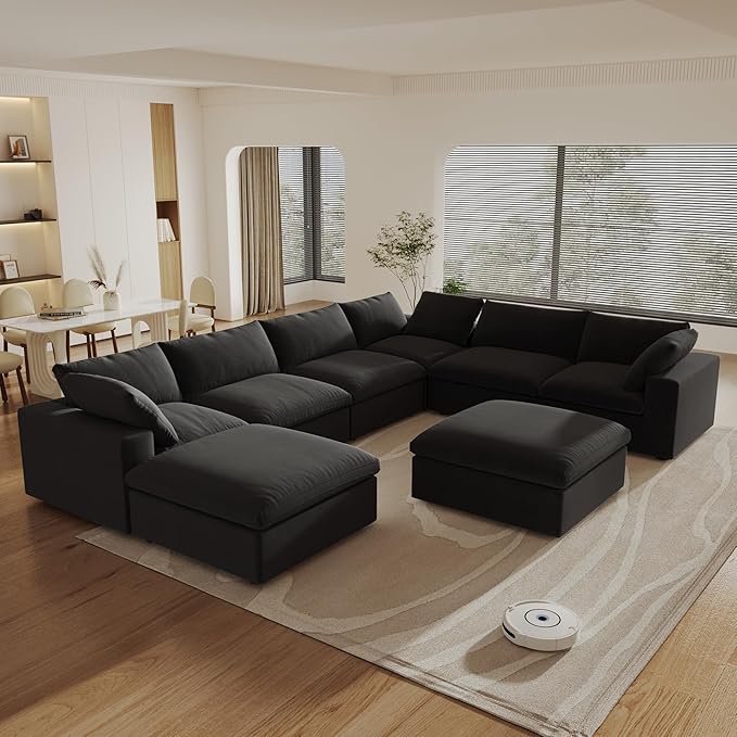 Cloud Modular Sectional Couch,160inch Overzised Down Filled Comfort Sofa Couch for Living Room,8 Seater Minimalist Wide Deep Seat Convertible Couches,Sofa Cover Washable & Removable, (Black)