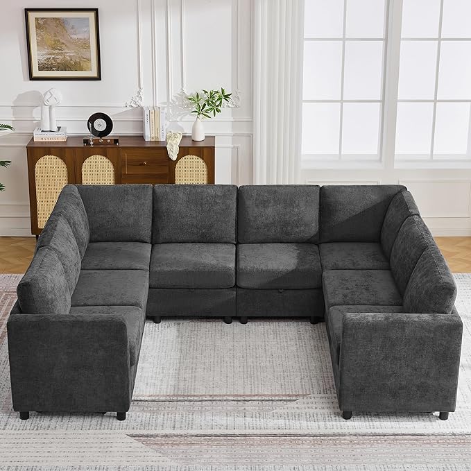 104'' U Shaped Modular Sofa, Sectional Couches with Storage for Living Room, Oversized 8 Seater Cloud Sectional Couch, Chenille Dark Grey