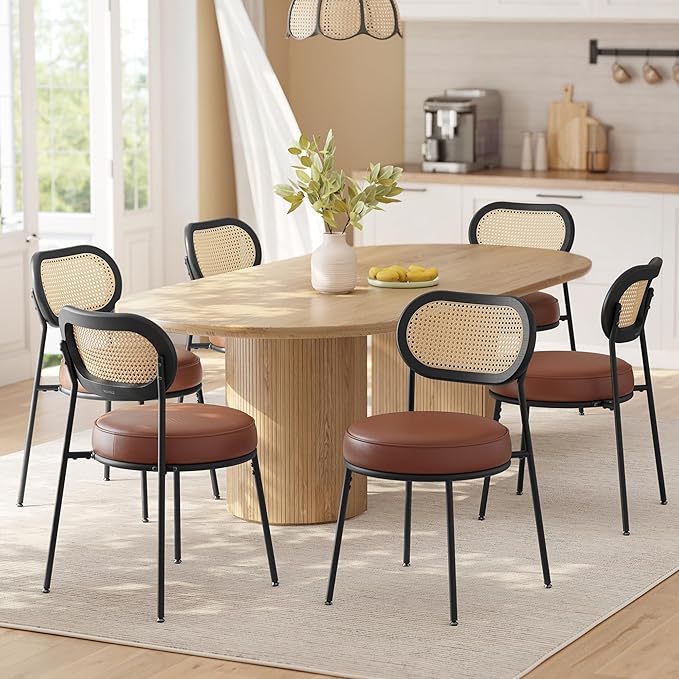 VASAGLE Dining Chairs, Set of 6 Accent Chair for Dining Room Kitchen, with Boho PE Rattan Back, Synthetic Leather Upholstery, Coffee Brown ULDC160K26