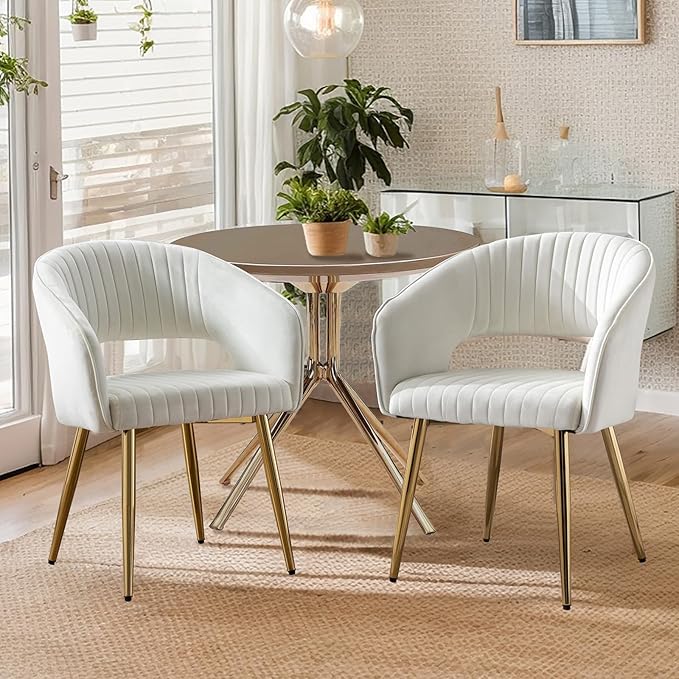 Cream Velvet Dining Chairs Gold Legs, Modern Dining Room Chairs with Arms Set of 2 Upholstered Accent Chair Armchair with Barrel Back for Kitchen Living Room