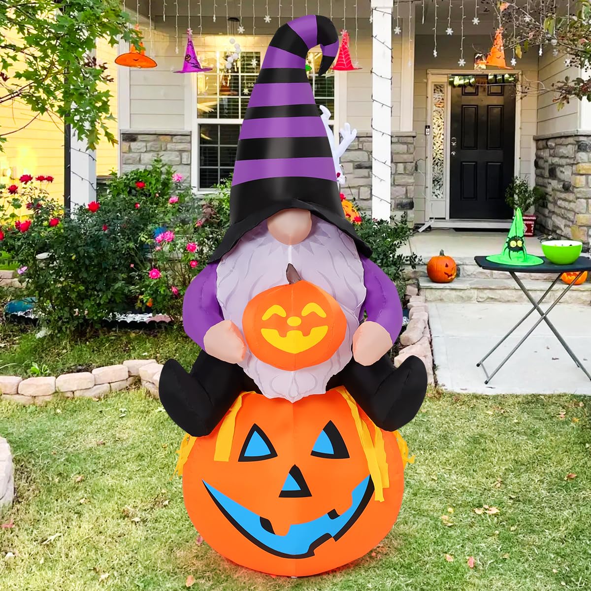 GOOSH 5 FT Halloween Gnome Inflatable with Pumpkin Outdoor Decorations Gnome Blow Up Yard Built-in LEDs for Garden Lawn Indoor Party Decor