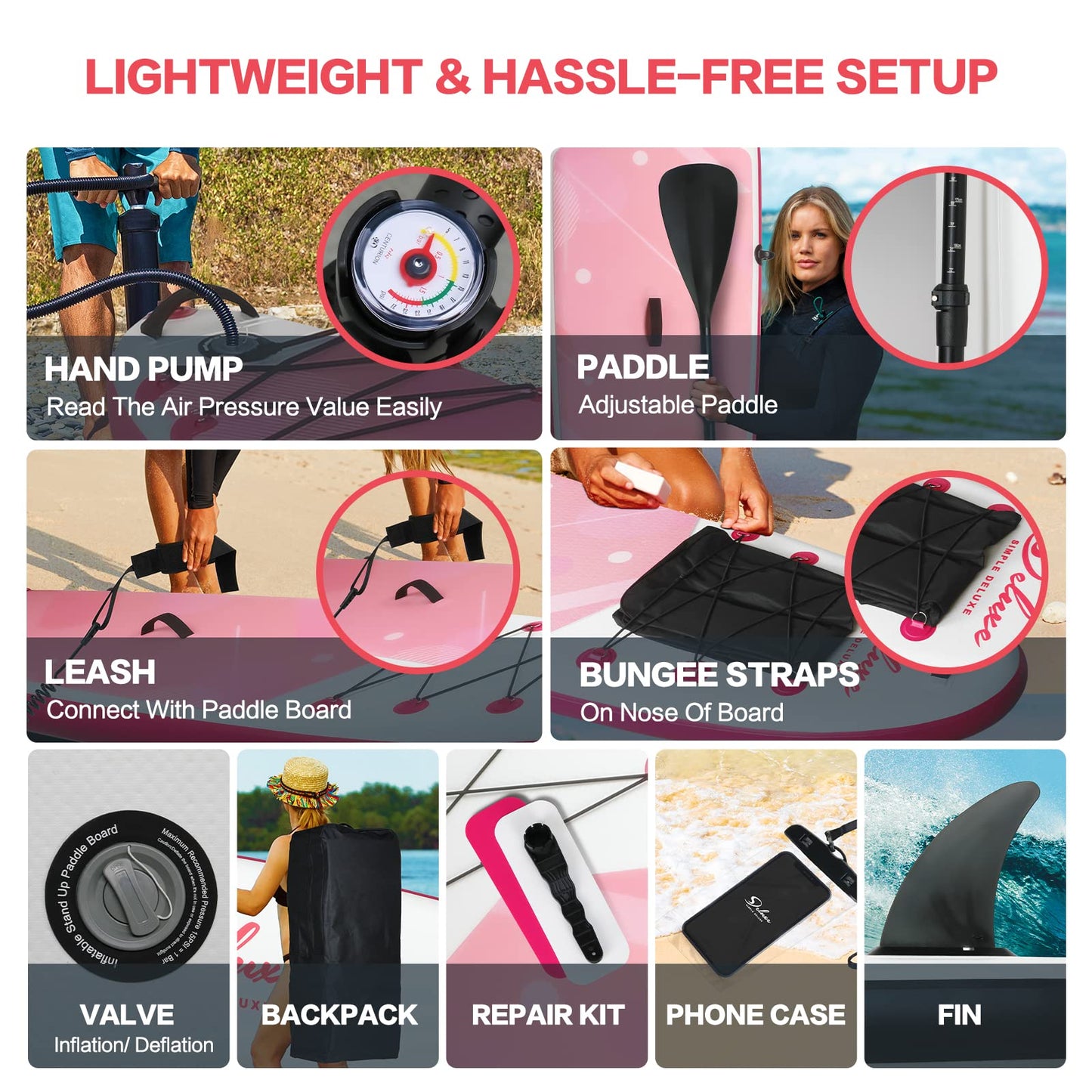 Inflatable Stand Up Paddle Board – Simple Deluxe Premium SUP for All Skill Levels, Pink Paddle Boards for Adults & Youth, Blow Up Stand-Up Paddleboards with Accessories & Backpack, Surf Control