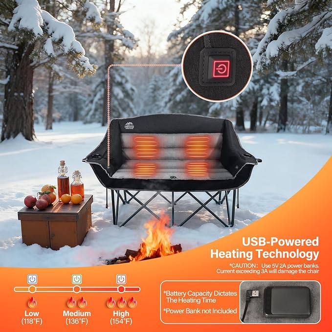 LANMOUNTAIN Heated Double Camping Chairs,3 Heat Levels Padded Portable Loveseat w/Wine Glass Holder,Cup Holder,Heating Outdoor Camp Couch Support 600 Lbs,Black,Battery NOT Included