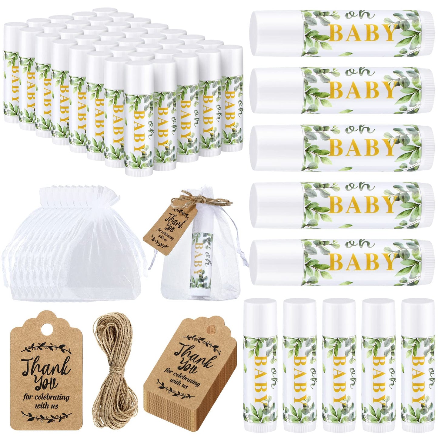 50 Pcs Sage Green Baby Shower Lip Balm Gift Set with 100 Pcs Organza Bag Eucalyptus Baby Shower Favor for Guest Greenery Leaf Li