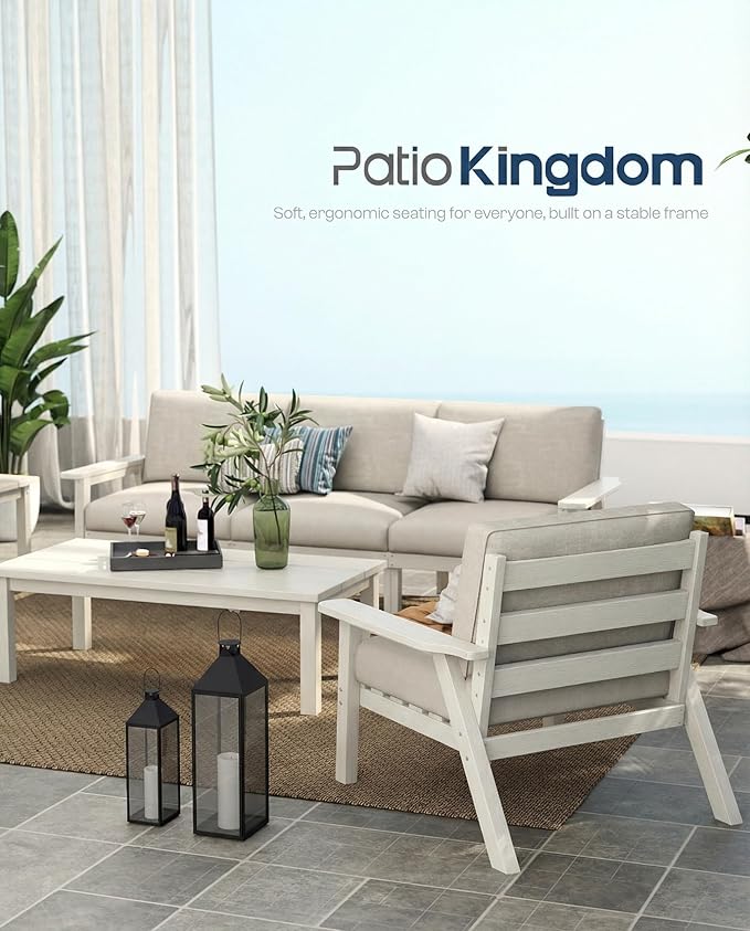 Patio Kingdom Patio Furniture Set with Washable Thick Beige Cushions, HDPE Outdoor Couch, All-Weather Outdoor Sectional Furniture, Patio Conversation Sets for Lawn, Garden, Porch (White Frame)