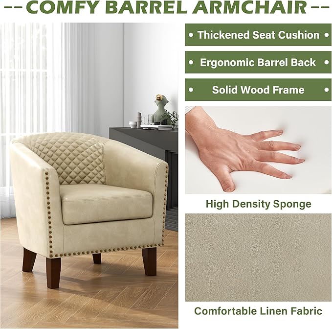 UIXE Faux Leather Barrel Accent Chairs Set of 4, Modern Club Upholstered Arm Chair, Comfy Armchair Nailed Trim Living Room Single Sofa Reading Seat Bedroom Side Sitting for Office, Beige