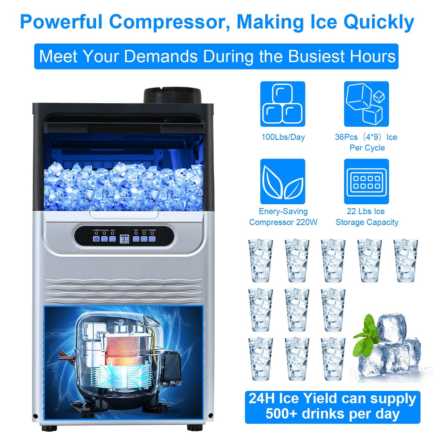Amzgachfktch Ice Maker 100lbs/24H, Commercial Ice Maker Machine with 2 Water Inlet Modes, Ice Machine with 22lbs Storage, Auto Self-Cleaning, Under Counter Ice Maker for Home/Office/Shop/Bar