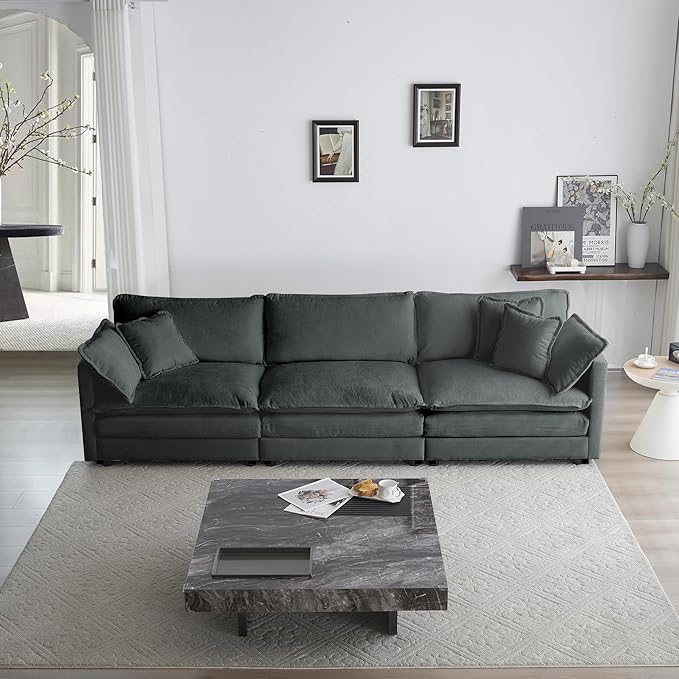 mikibama Luxury Modular Sectional Sofa, 111.5" Modern Chenille Comfy Cloud Couches for Living Room Office, 3 Seater Deep Sofa with 2 Armrest Pillows and 3 Toss Pillows, Grey