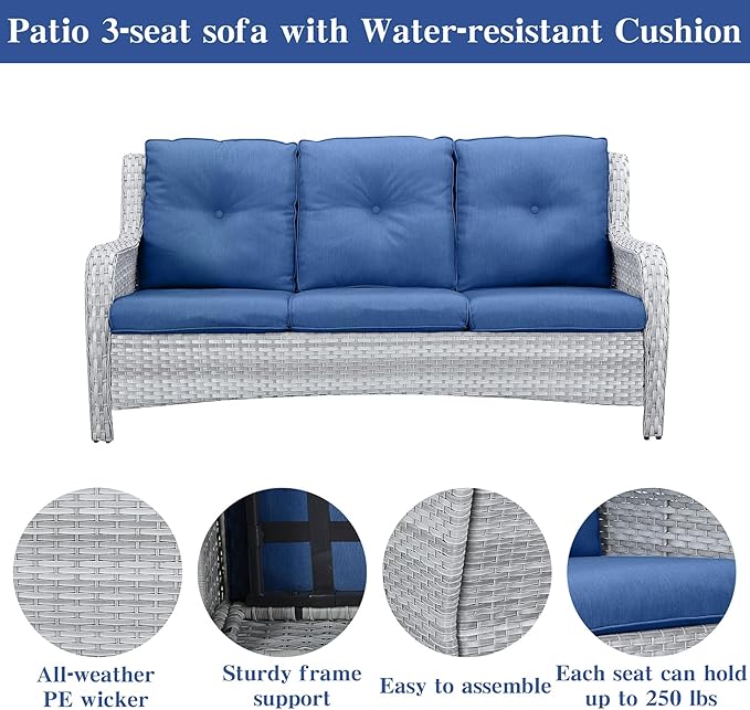 Belord Wicker Patio Furniture Sets - 13 Piece Outdoor Rattan Furniture Conversation Sets with 4 Swivel Rocker Chairs, 2 Rattan Sofas, Wicker Ottomans and Coffee Table, Light Grey/Blue