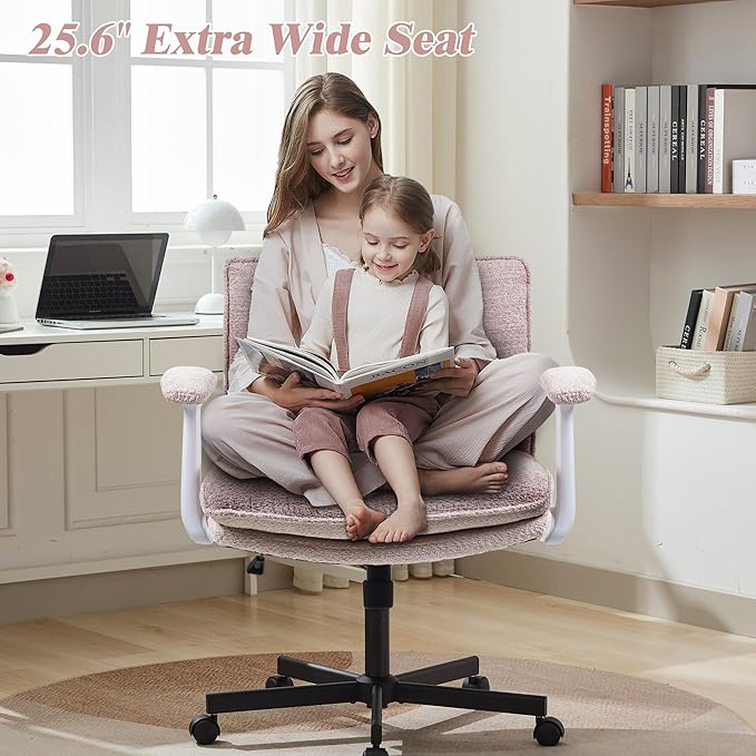 Kassipo Criss Cross Legged Office Chair with Wheels and Flip-Up Arms, Upholstered Criss Cross Desk Chair, Wide Seat Chairs for Home Office, Vanity, Apartment, Pink