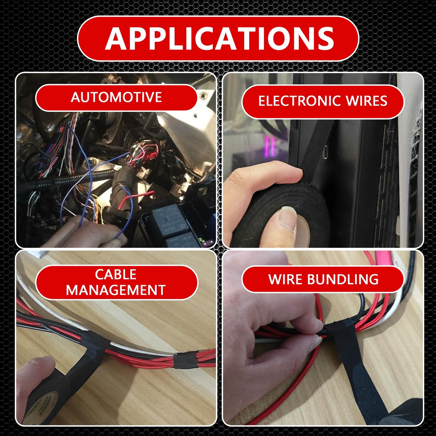 SWRT Wire Harness Tape, 3/4 Inch × 40 Feet, 8 Packs (320 Feet Total), Self-Adhesive Black Cloth Electrical Tape for Automotive Use, Fabric Tape Wire Wrap, High Temperature Resistance.
