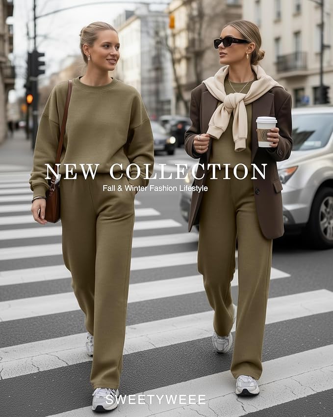 Sweetyweee Women's 2 Piece Outfits Set Fleece Lined Lounge Sweatsuit Crewneck Pullover Top Wide Leg Pants Casual Tracksuit