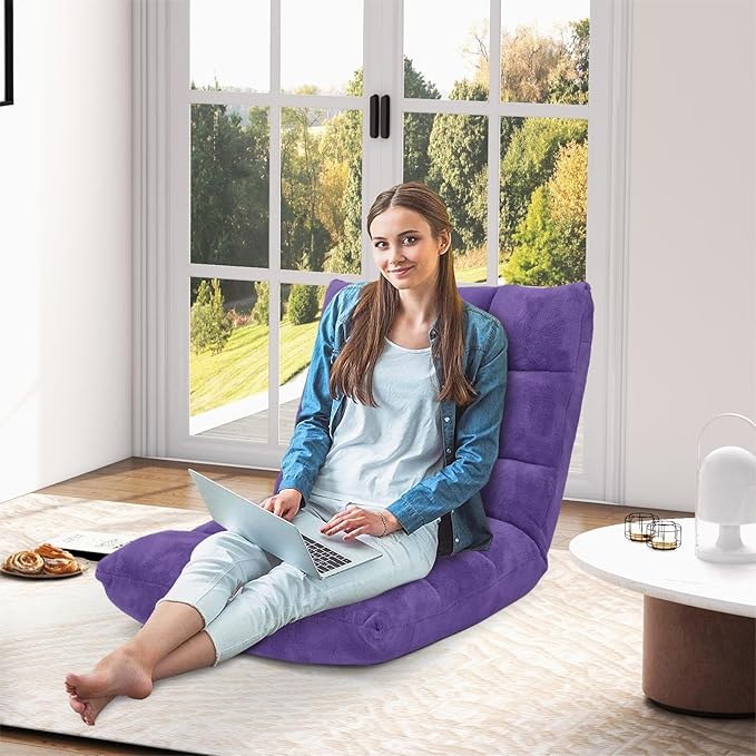 Folding Floor Chair w/Back Support, 14-Position Adjustable Lazy Sofa Chair w/Coral Velvet Fabric & Alloy Steel Frame, Portable Meditation Chair for Reading, Gaming,Sleeping (Purple)