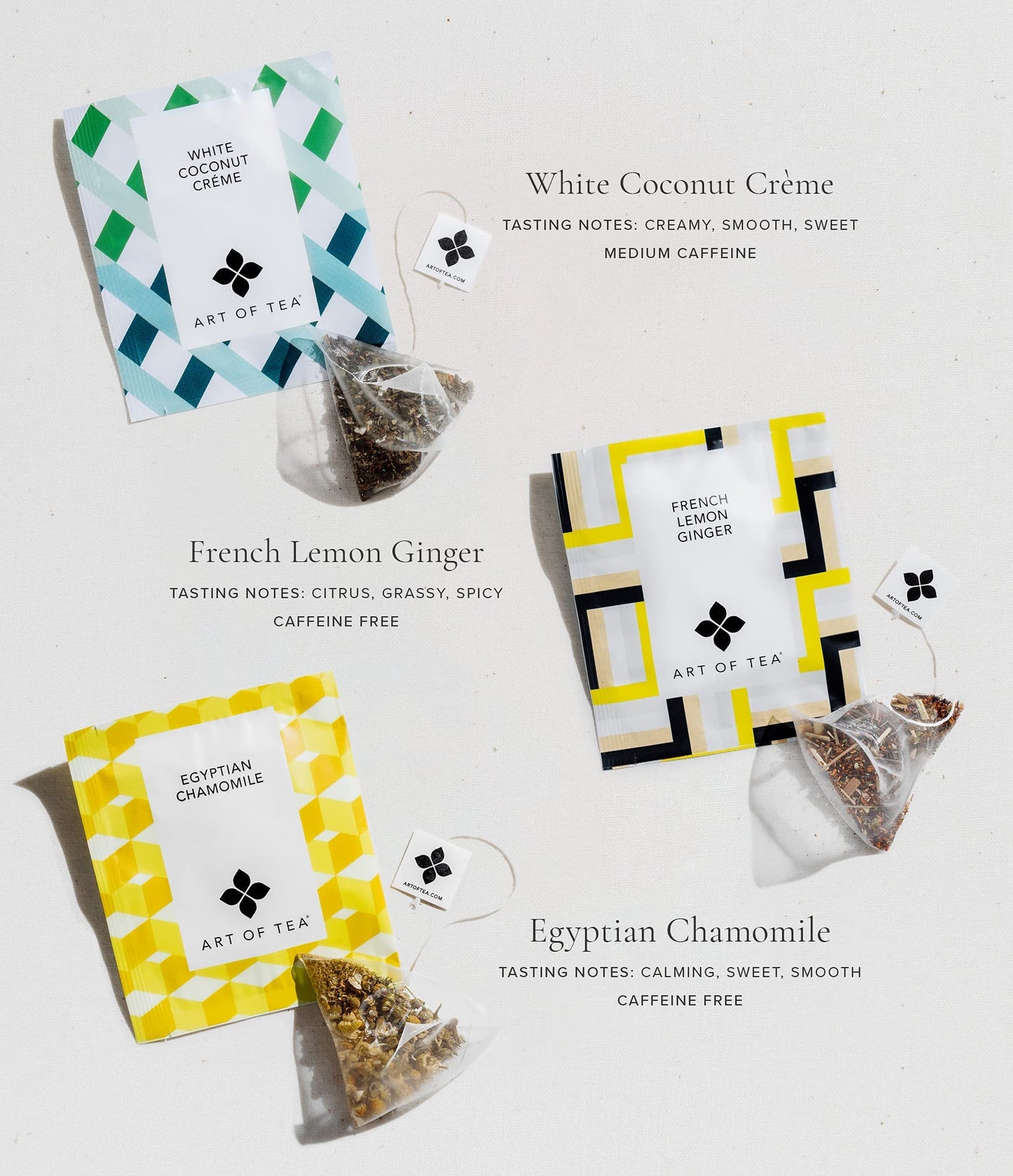 Art of Tea | Assorted Tea Sampler | 12 Count Sampler Box | Breakfast Tea, Earl Grey Creme, Egyptian Chamomile (Non-Caffeinated), French Lemon Ginger (Non-Caffeinated), Green Pomegranate, Mint Green, Tali's Masala Chai, Happy Tea, and White Coconut Creme
