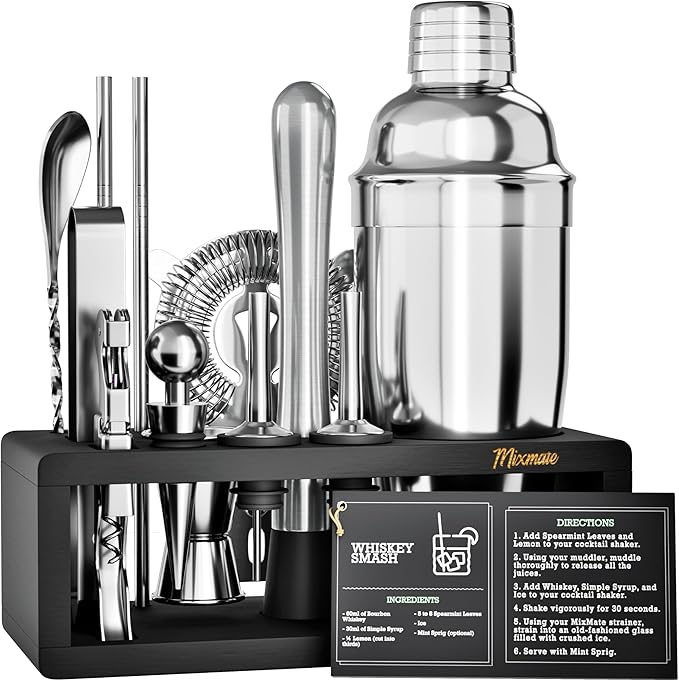 Mixology Bartender Kit with Stand - 15 Piece Bar Tool Set, Silver Bar Set Cocktail Shaker Set for Drink Mixing - Includes ...