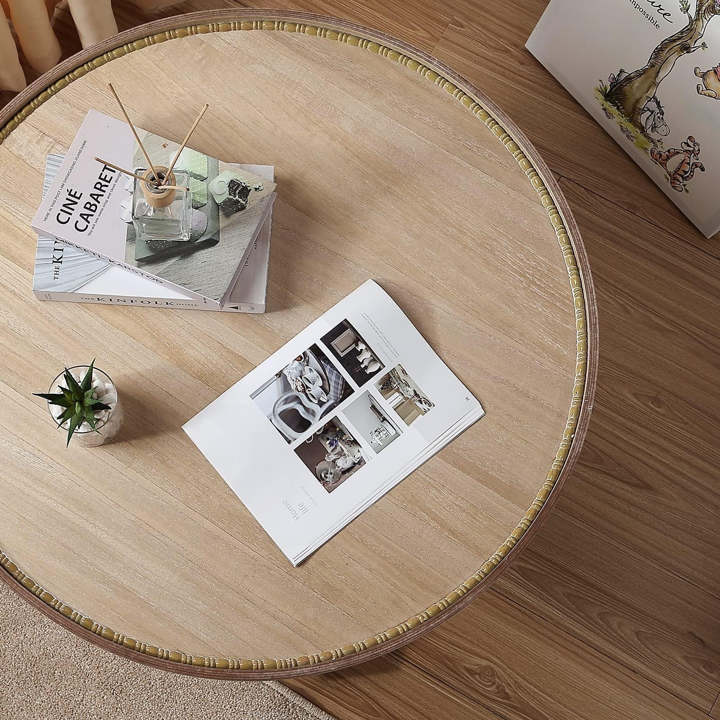 Wnutrees Farmhouse Round Coffee Table, Wood Tray Top Circle Coffee Table with Storage Shelf Rustic Style for Living Room and Vintage Finish, White