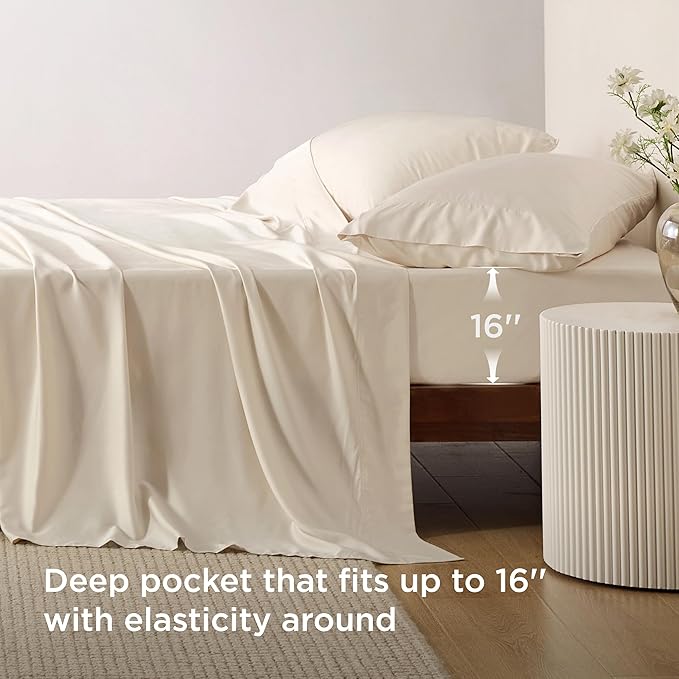 Bedsure King Size Sheets Set, Cooling Sheets for Hot Sleepers, Rayon Derived from Bamboo, Breathable & Soft, Deep Pocket Up to 16 Inches, Hotel Luxury Silky Bedding, Light Beige