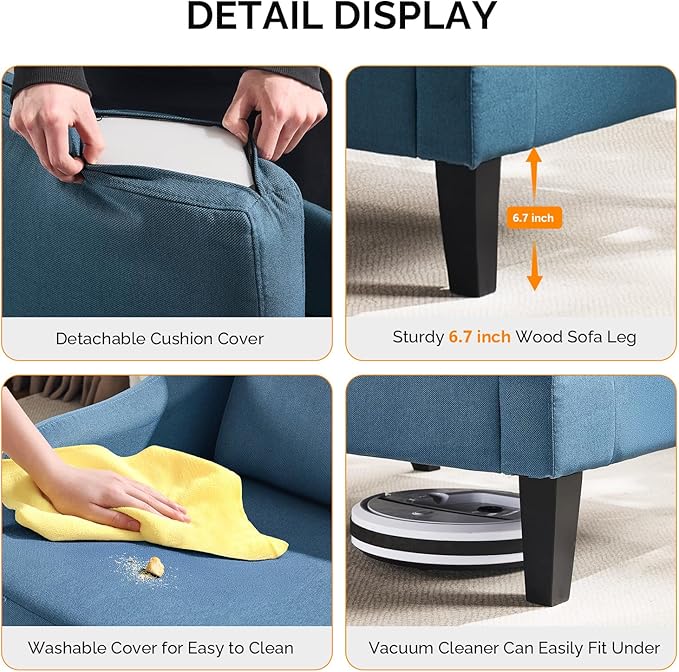 VINGLI Linen Fabric Accent Chairs Set of 2, Navy Blue Modern Upholstered Armchair, Comfy Sofa Chair Living Room Bedroom Furniture for Apartment
