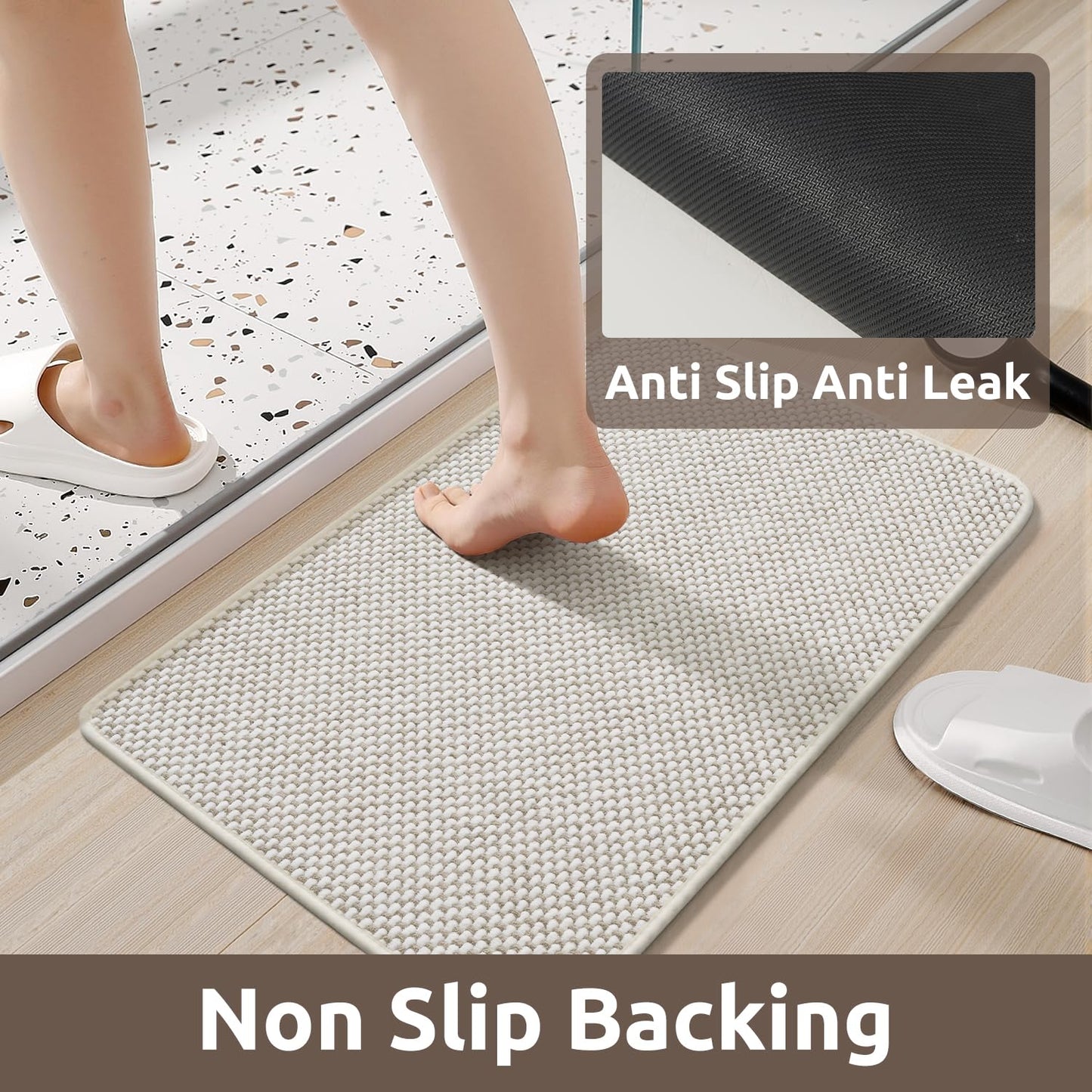 AMOAMI Chenille Bath Mat Super Absorbent Bathroom Mat Quick Dry Bath Mats for Bathroom Rubber Backed, Beige& White, 17"x24"