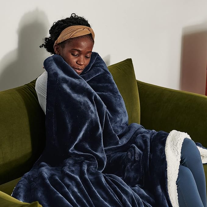 Bedsure GentleSoft Sherpa Fleece Blankets Queen Size for Bed - Thick and Warm Throw for Women and Men, Soft Fuzzy Plush Queen Blanket for Winter, Non-Heated, Navy, 90x90 Inches