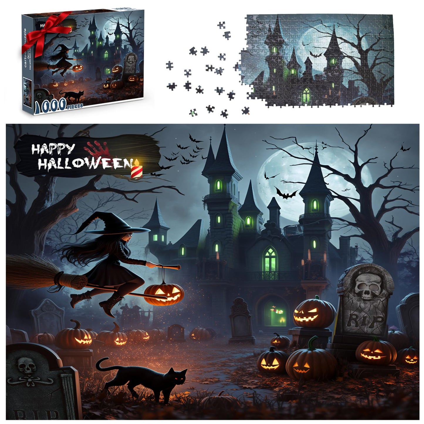 Halloween Puzzles 1000 Pieces-Creative Play & Haunted House Pumpkin,Witch,Ghost,Grave Theme Puzzles-for Holiday Party Gifts or Halloween Home Decorations
