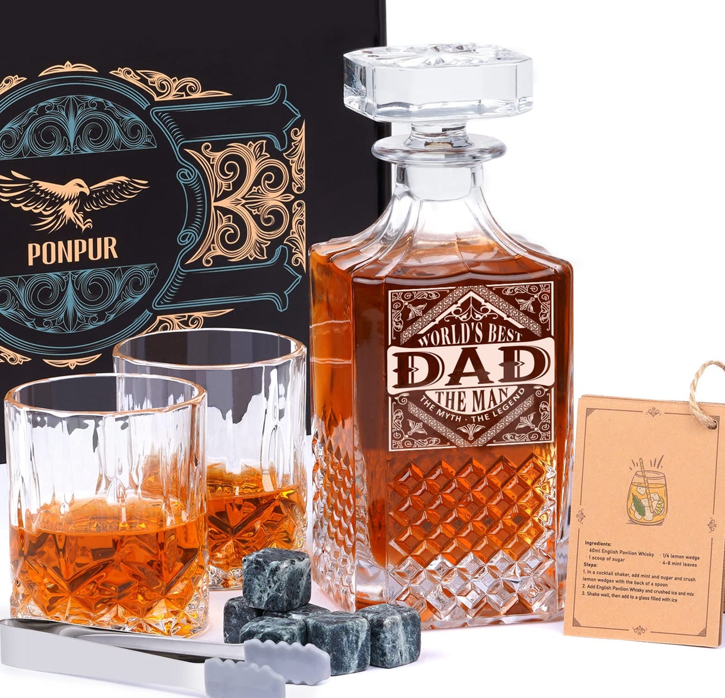 PONPUR Gifts for Men Dad Stocking Stuffers, Whiskey Decanter Set with 2 Glasses, Unique Cool Dad Birthday Gift from Daughter Son, Best Christmas Retirement Present for Man Father