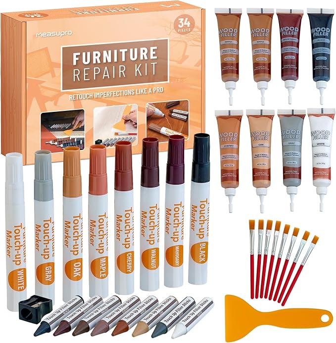 Wood Filler Furniture Markers Touch Up Repair Kit 34 Pieces - Color Match Filler & Scratch Repair Stain Pens for Hardwood Cracks, Holes, Discoloration, Wooden Door, Floor, Cabinet, Table