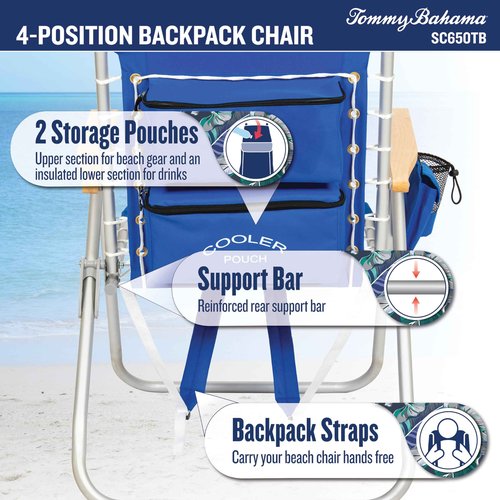 Tommy Bahama Hi-Boy 17" Seat Height 4-Position Lace-Up Suspension Folding Backpack Beach Chair, Logo Stripe