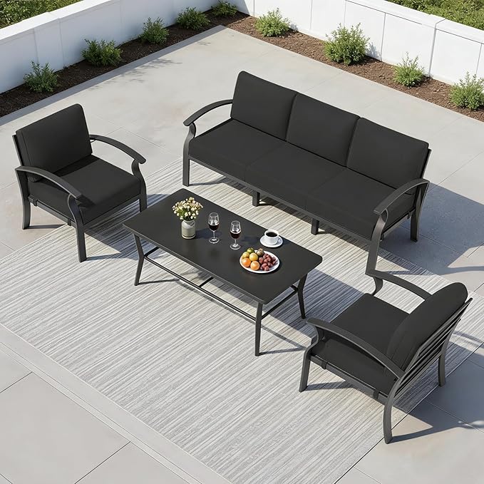 RTDTD Aluminum Outdoor Patio Furniture Set,5 Seats Patio Conversation Sets with Rectangular Coffee Table,Metal Patio Sectional Furniture Set with 5.1" Thickened Cushions,Black