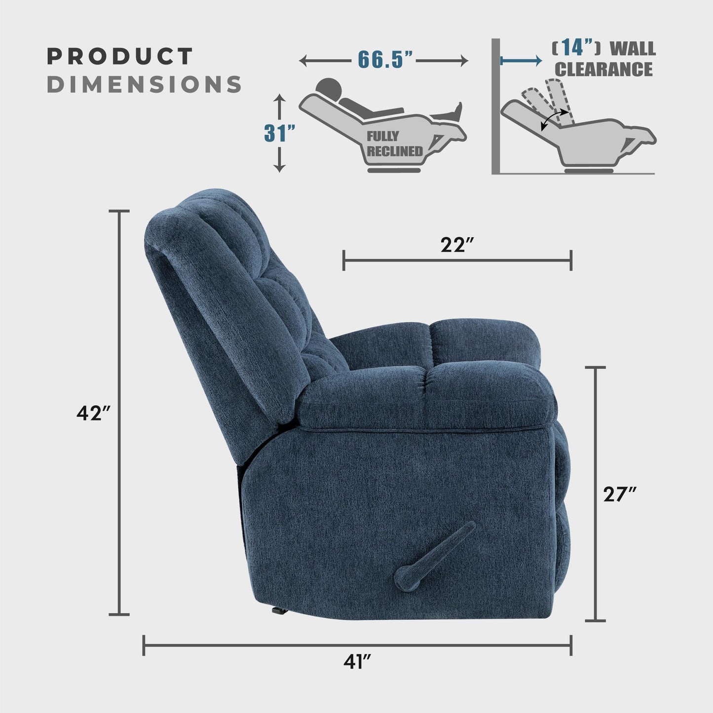 Lexicon Chenille Rocker Reclining Chair for Adults, Rocker Pull Handle Recliner, Nursery Chair for Living Room/Bedroom, High Back, Pillow Top Arms, High Density Foam Cushions, Blue