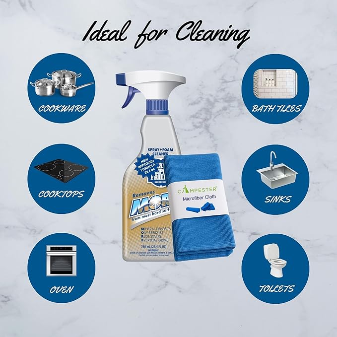 Campester Microfiber Cloth with More Spray + Foam Cleaner 25.4 oz – Dual Spray & Foam Action Rust + Stain Remover for Stainless Steel, Glass, Ceramic, Faucets & Bathroom Surfaces