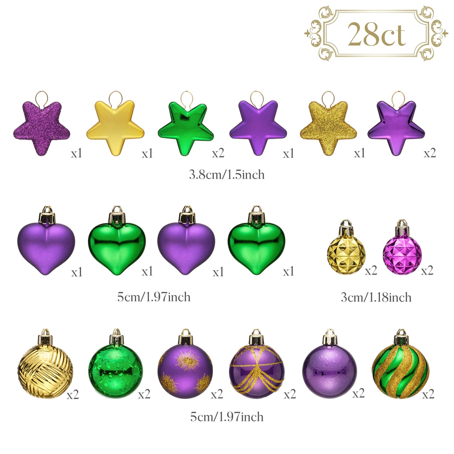 Valery Madelyn 28Pcs Halloween Heart Shaped Ornaments Gift Pack, Mardi Gras Craft Painted Tree Heart Decorations, Purple Green Gold Christmas Baubles Hanging Holiday Party Decor