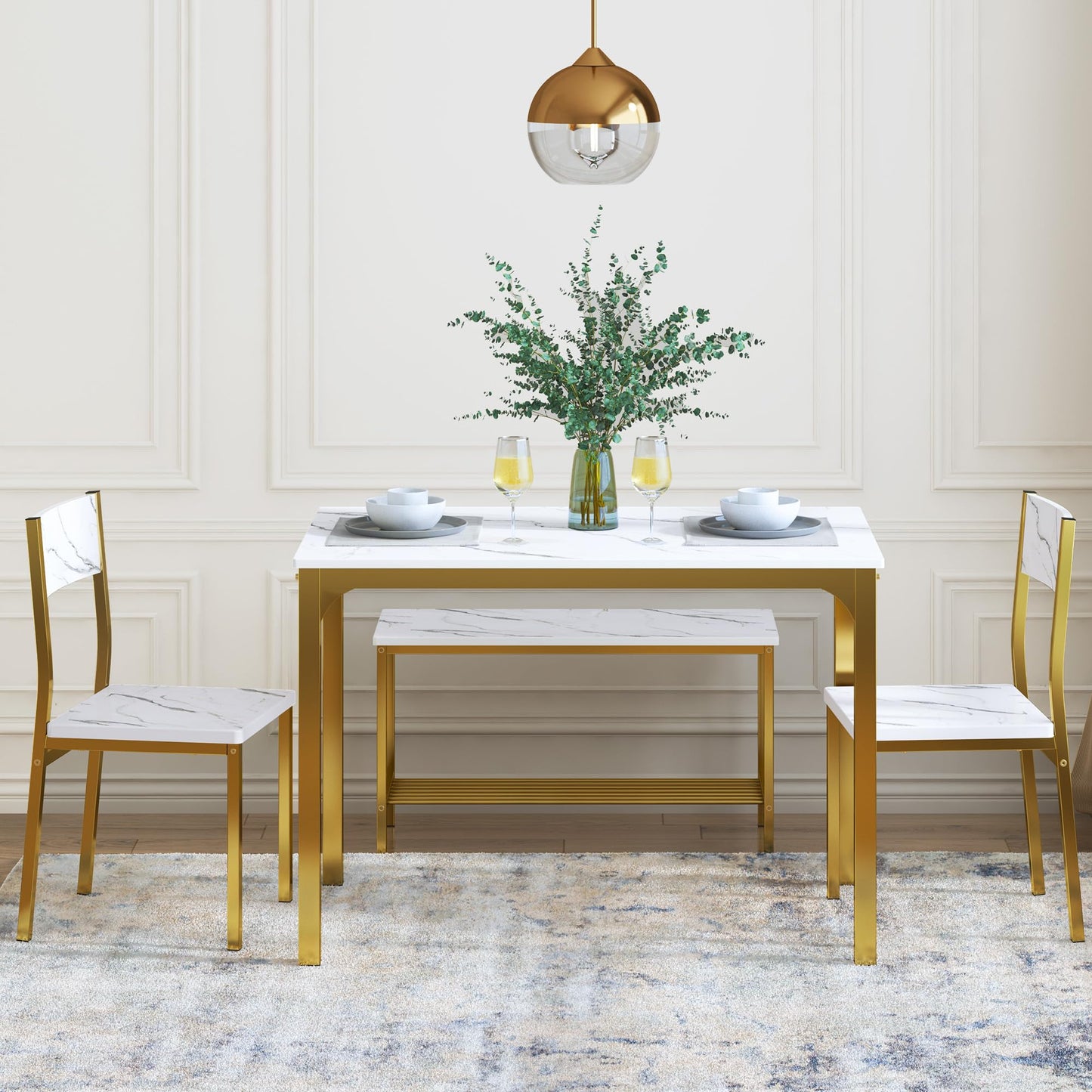 sogesfurniture Modern 4-Piece Kitchen Dining Table Set with 1 Bench and 2 Chairs, Kitchen Bench Table Set for 4, Wooden Kitchen Table and Chairs for Limited Space,Gold