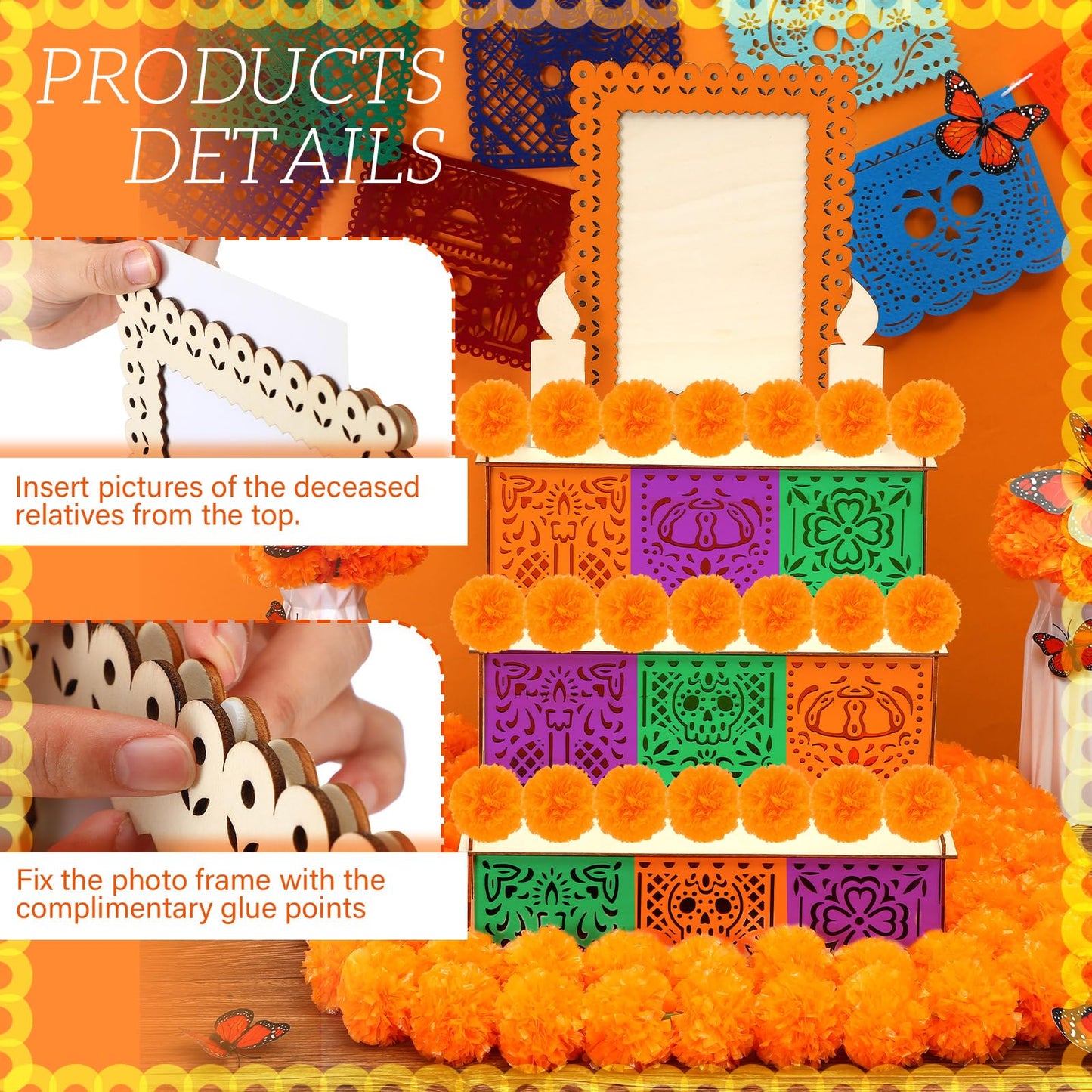 Colingmill 76 Pcs Dia De Los Muertos Decorations Set Ofrenda Altar Wooden Shadow Box Day of The Dead Banners Light up Marigold Mexican Papel Picado Butterfly Hanging Garlands for Altar Decor Supplies
