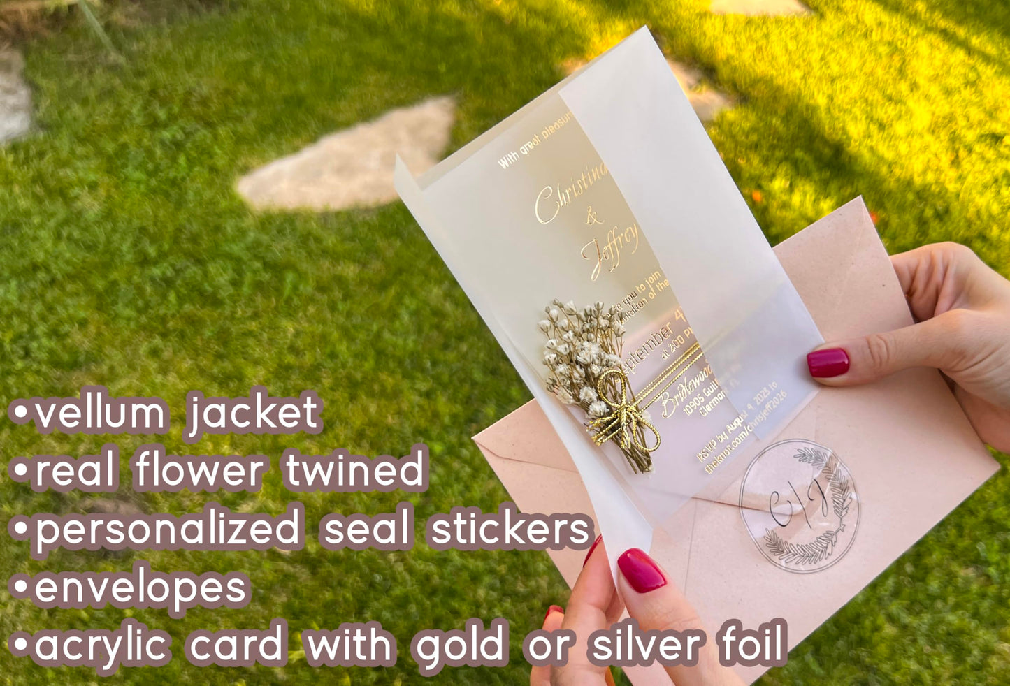 Set of Acrylic Wedding Invitations with Vellum Jacket - Gold Foil Wedding Invitation - Flower Twined Clear Invitations with Envelopes & Stickers