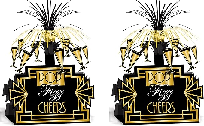 Beistle Pop Fizz Cheers Centerpieces – 2-Pack Art Deco Table Decorations in Black and Gold for Roaring Twenties Parties, N...