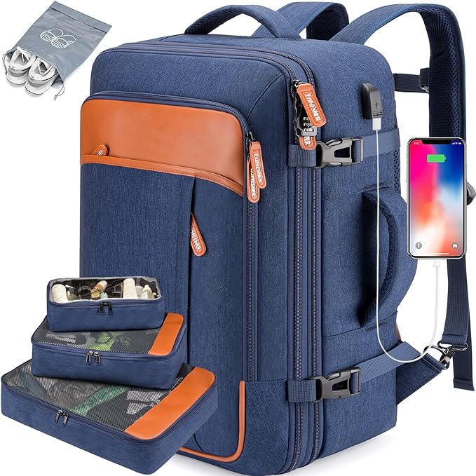 Lumesner Carry on Travel Backpacks, Extra Large 40L Flight Approved Bag for Men & Women,Expandable Suitcase Backpack With 4 Packing Cubes,Water Resistant Luggage Daypack Business Weekender Bag, Blue