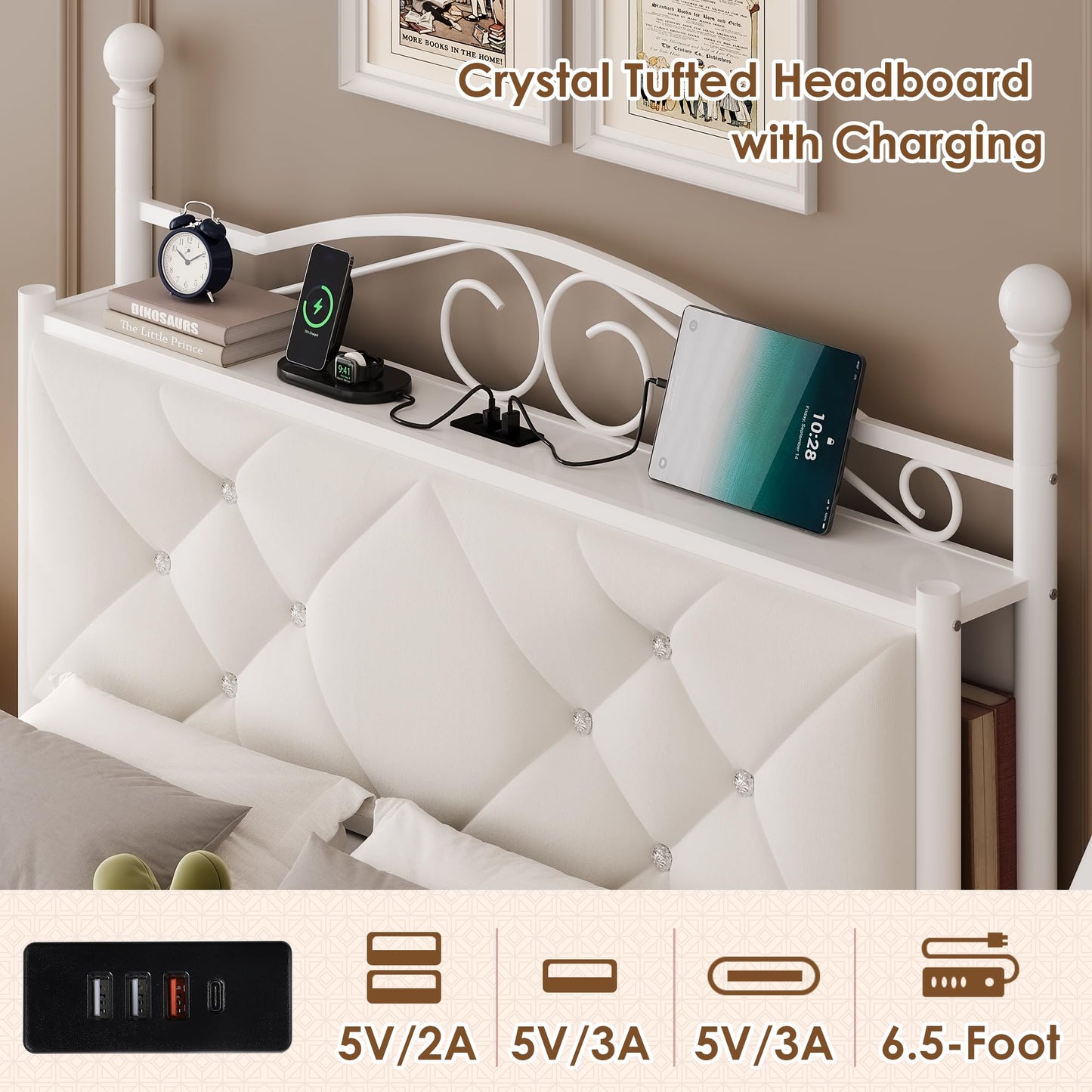 Queen Upholstered Canopy Bed Frame with 2 Drawers & Crystal Tufted Storage Headboard Metal Platform Bed with Charging Station & 4 Removable Posts No Box Spring Needed Curtain Not Included, Beige